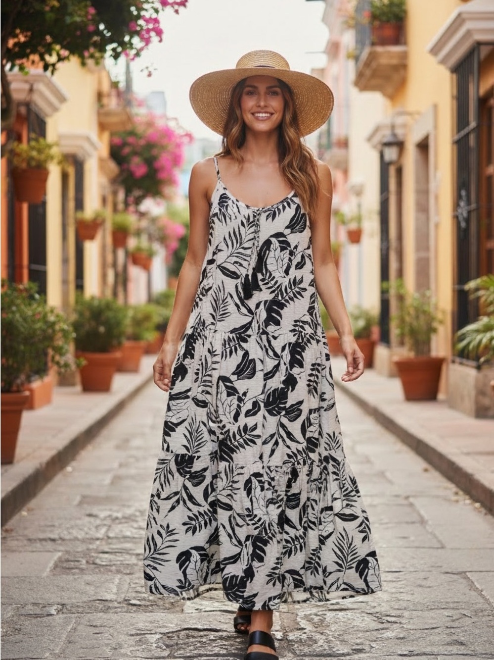 Sleeveless Cream Maxi Dress with Black Leaf Print